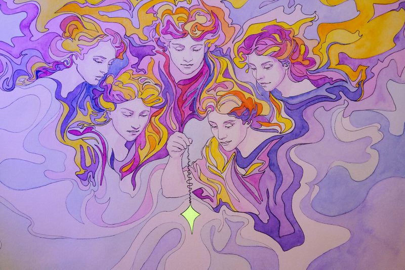 Pendulum Beings — ink, gouache, UV wax pigment on cotton paper